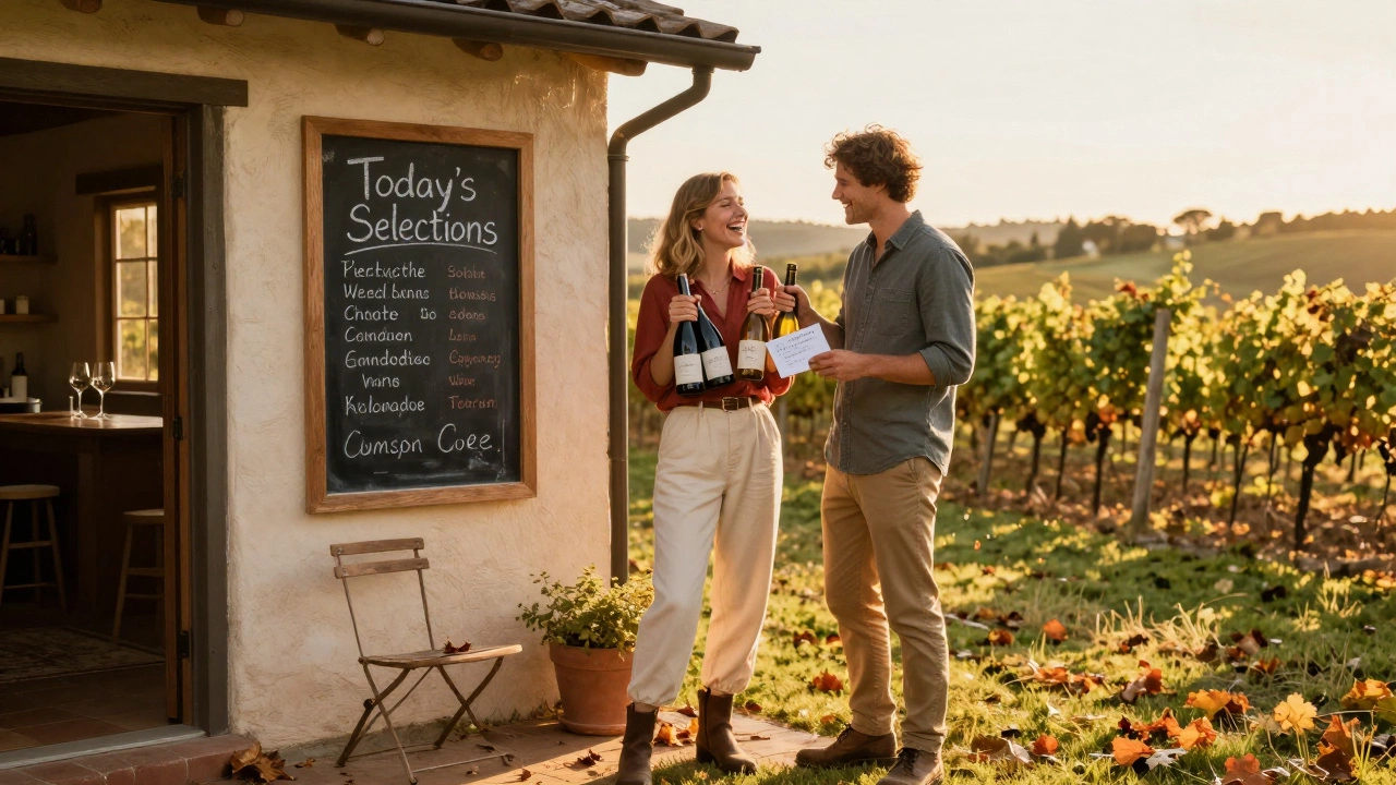 A couple smiling outside a vineyard, holding purchased wine bottles as golden light bathes the landscape.
