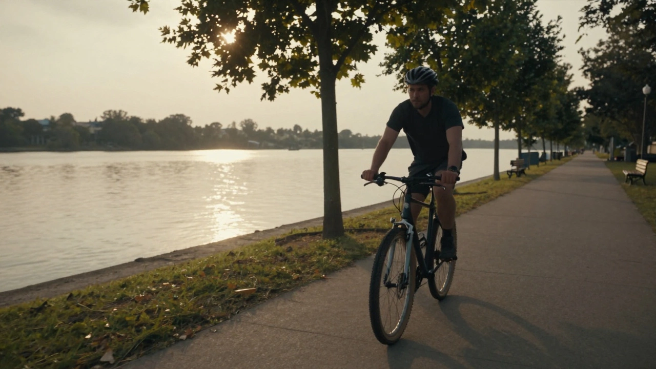 A cyclist riding peacefully along a riverside path at sunset.