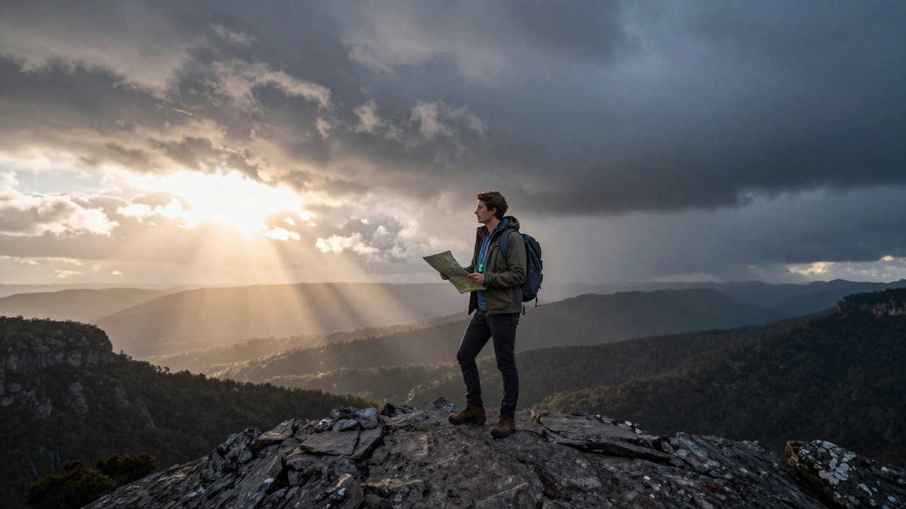 A hiker on a ridge caught between sunshine and approaching rain.