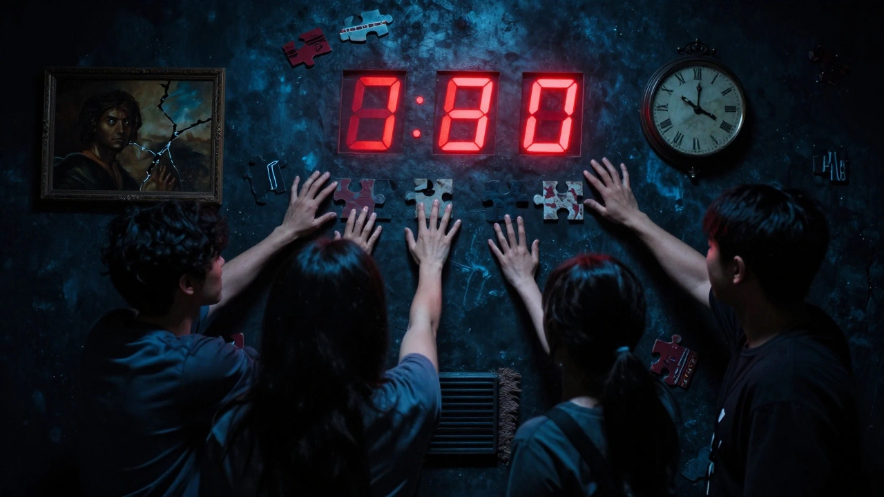 A team racing against time as hidden clues remain untouched in a dark escape room.