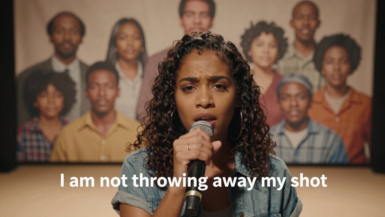 A woman of color singing passionately on stage, historical figures blurred behind her in modern context.