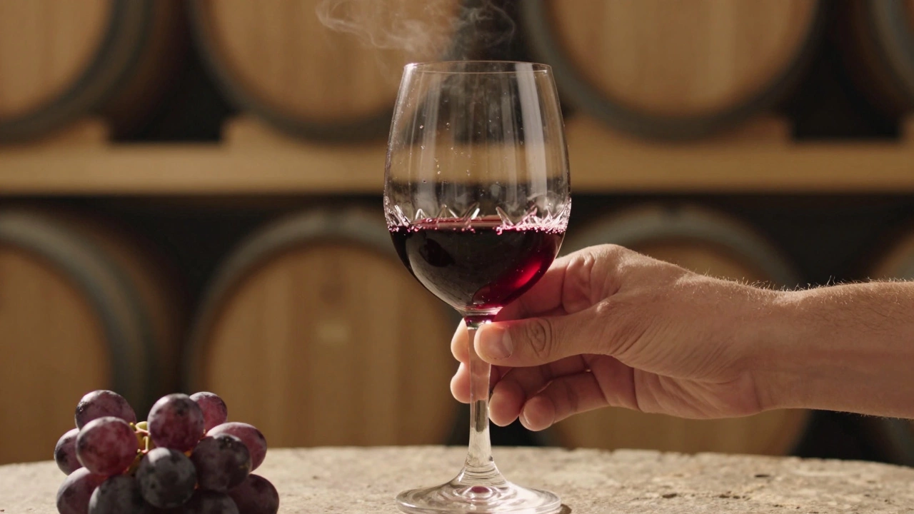 Close-up of a hand swirling deep red wine in a glass, with oak barrels and a grape cluster in the background.