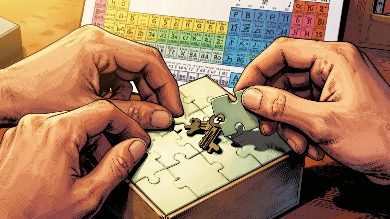 Close-up of hands solving a physical puzzle with keys, periodic table visible.
