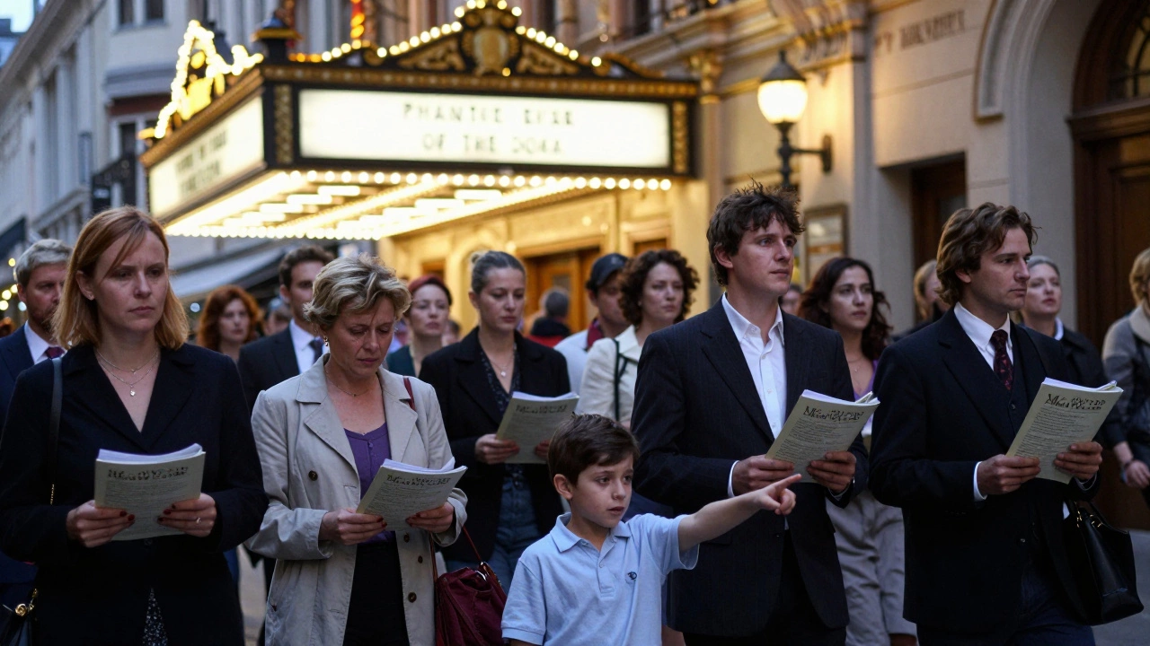 Diverse audience members leaving the theatre after a performance, one child pointing back in awe.