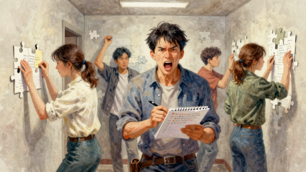 Escape room team shouting time warning while taking notes on clues.