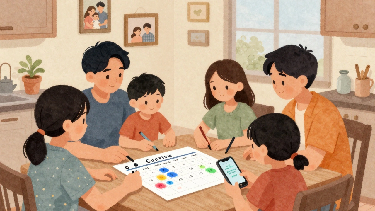 Family reviewing curfew calendar at kitchen table with colored notes and phone notification.
