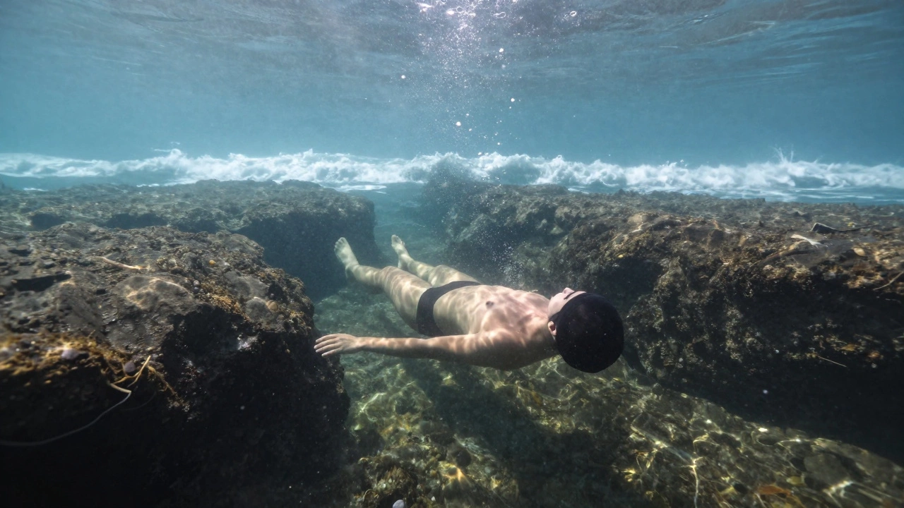 Someone floating calmly in a coastal rock pool under sunlight.