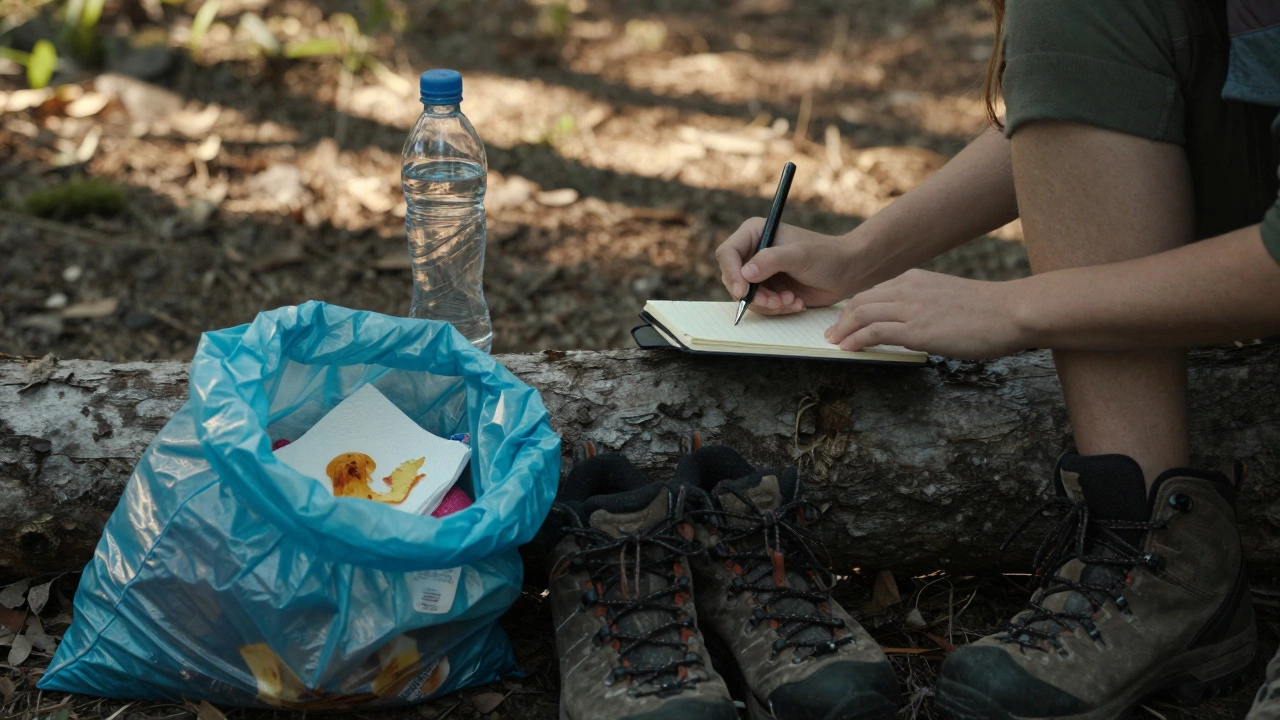 Someone reflecting after a hike, packing out trash and journaling.