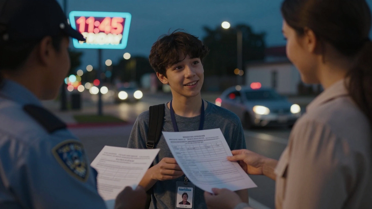 Teen showing employment ID to officer and parent under diner sign at night.