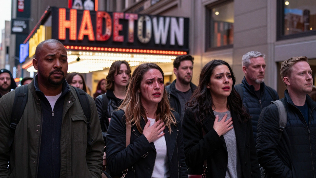 Theatregoers leaving Hadestown emotionally moved, illuminated by Times Square neon.
