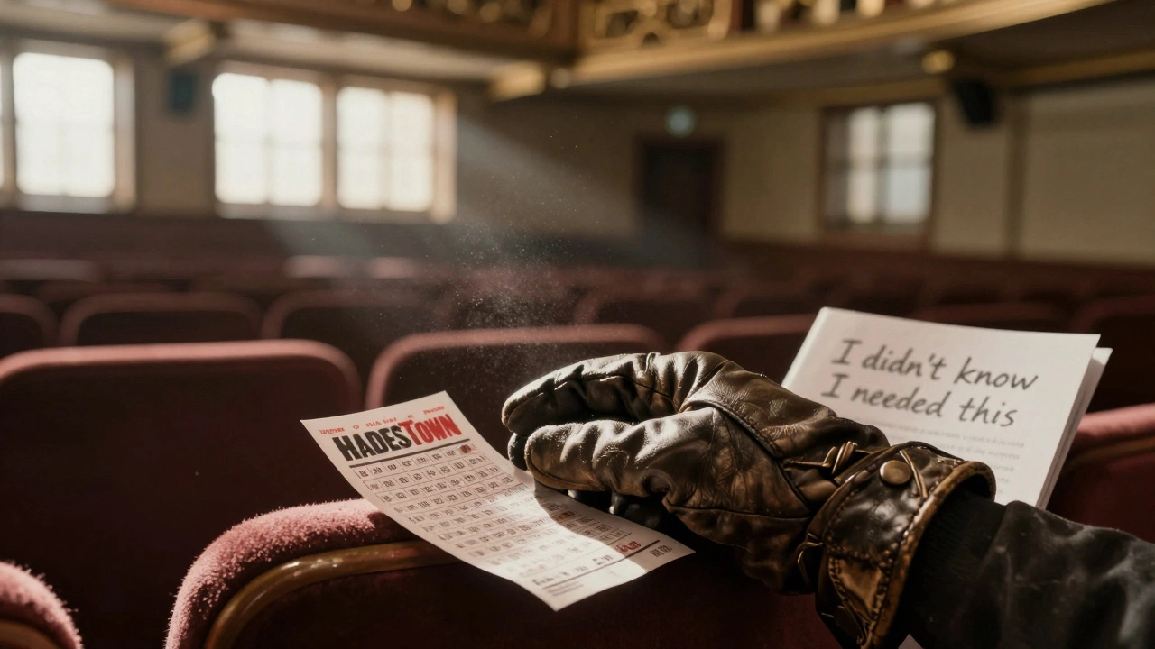 Worn glove and lottery ticket on empty Broadway seat with handwritten note.