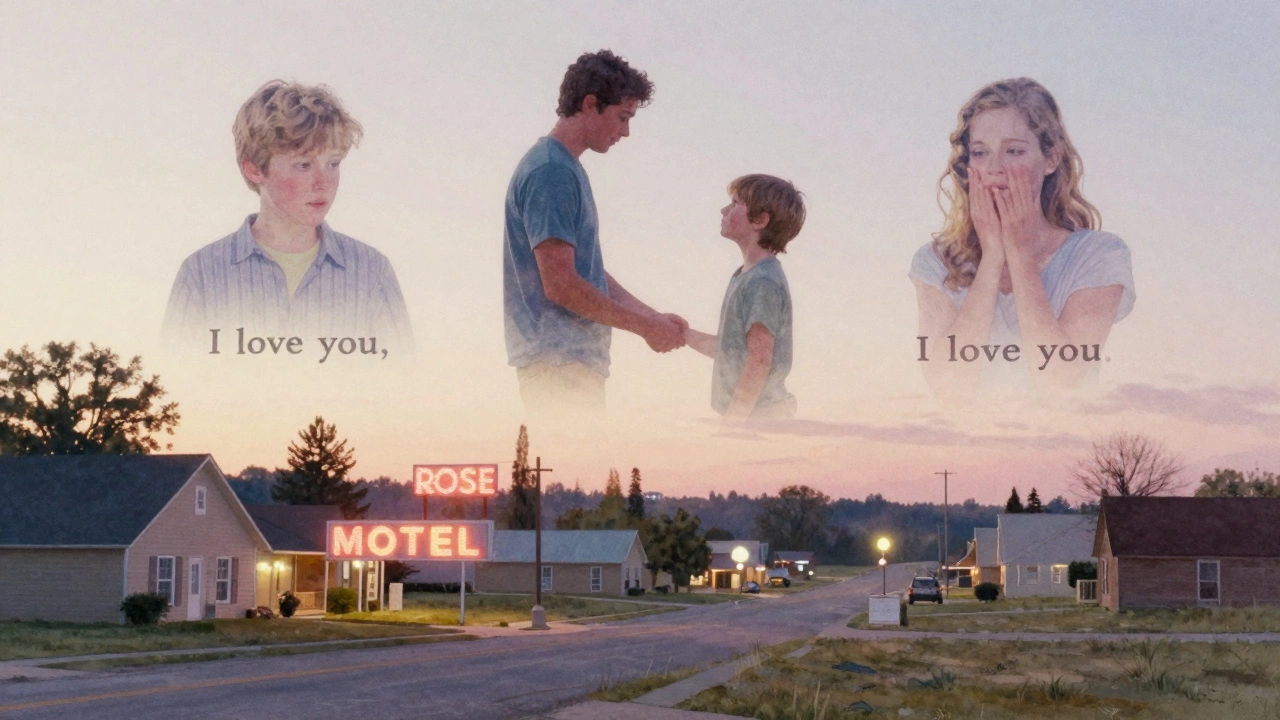 A dreamlike pastel landscape of Schitt’s Creek’s town with floating iconic emotional moments from the show