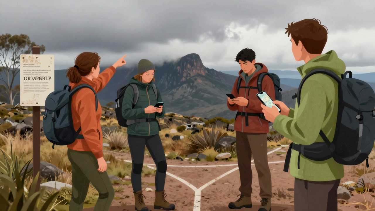 A group of hikers at a trail junction, discussing directions while wearing layered outdoor clothing.