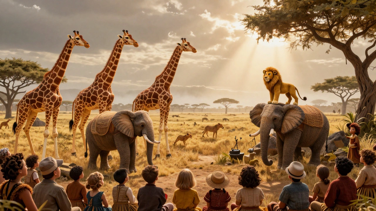A lion cub stands on a rock as giraffes and elephants move across a golden savanna stage, with an enchanted audience watching.