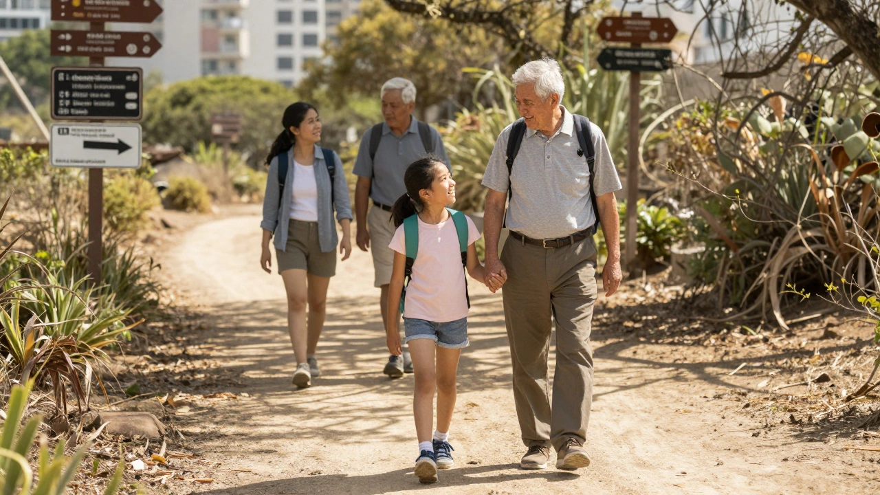 A multi-generational family hiking together on a gentle trail, holding hands, natural surroundings, no gear needed.