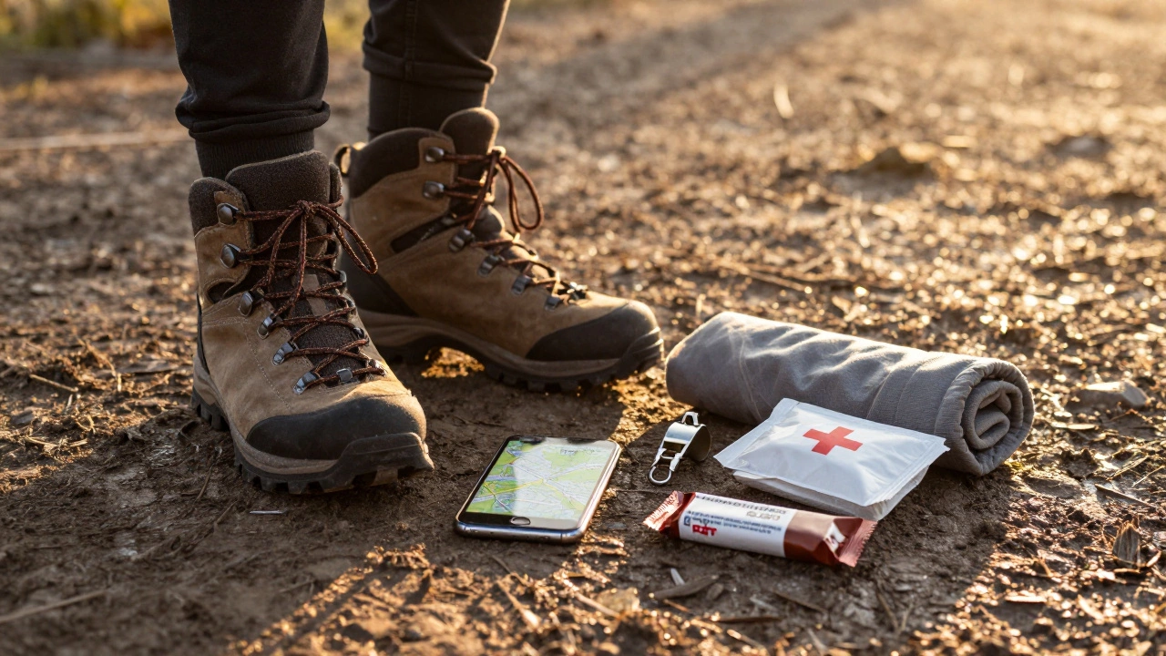 A pair of hiking boots beside five essential safety items: phone, whistle, blanket, first aid kit, and protein bar.