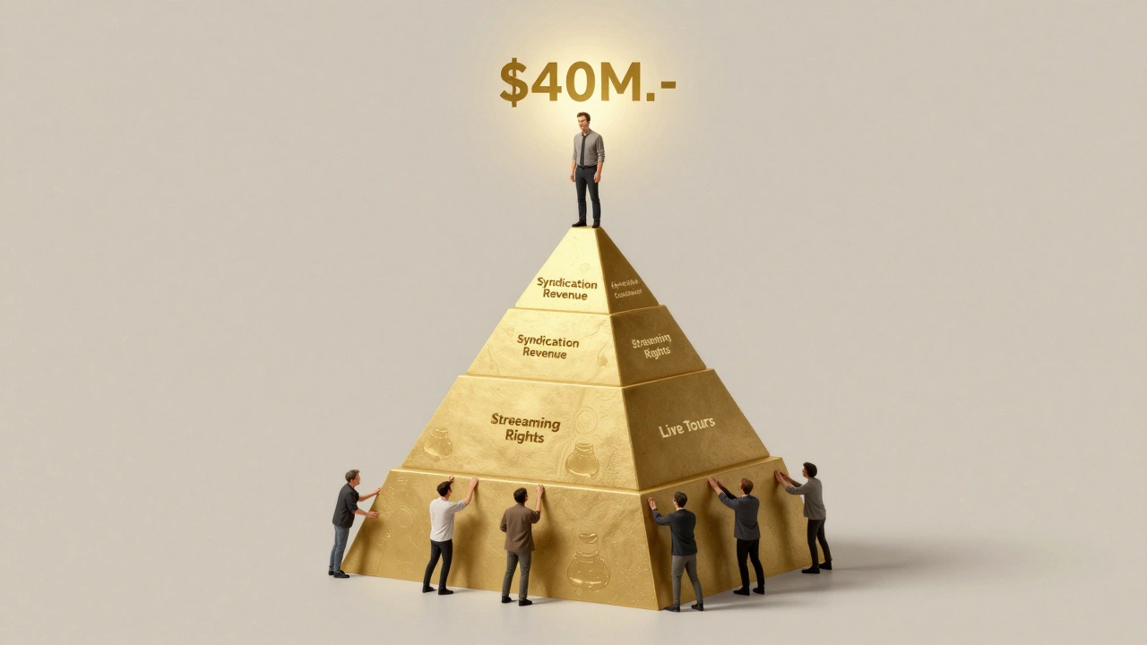 A pyramid structure showing Jerry Seinfeld's income layers: tours, streaming, and syndication at the peak.