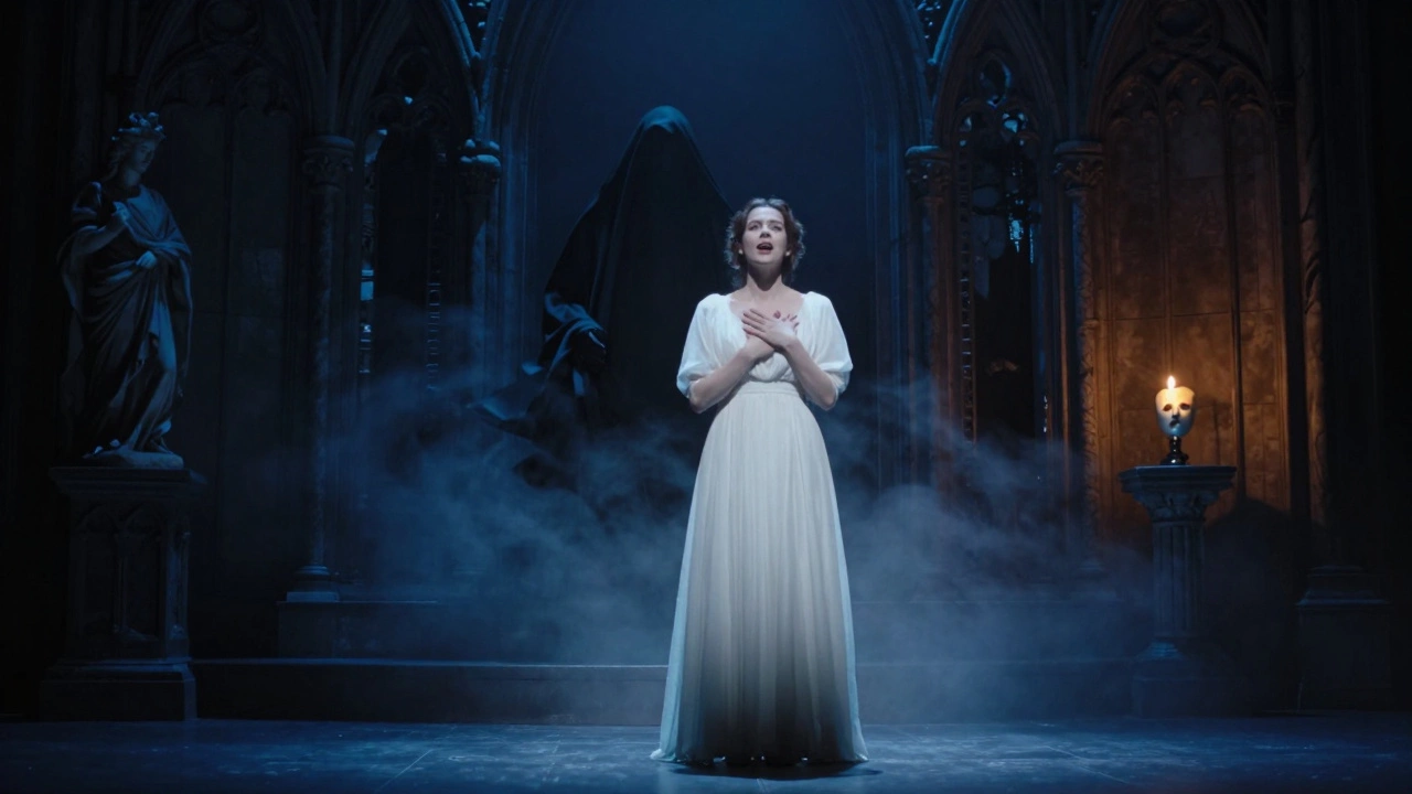 A soprano sings to a shadowy Phantom beneath the stage, mist rising around them, gothic arches and a porcelain mask glowing in moonlight.