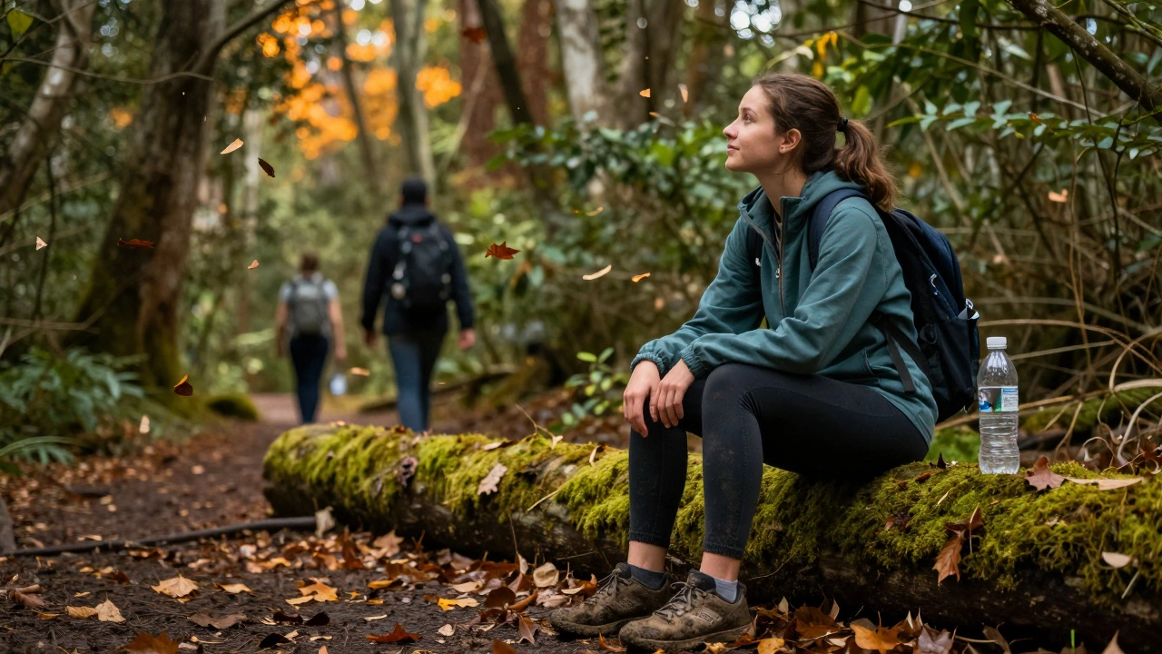 A young woman sitting alone on a log in a forest, surrounded by falling leaves, looking calm and restored.