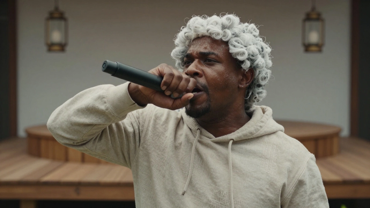 Close-up of a performer mid-rap, wearing a mix of 18th-century and streetwear, sweat shining under spotlight.