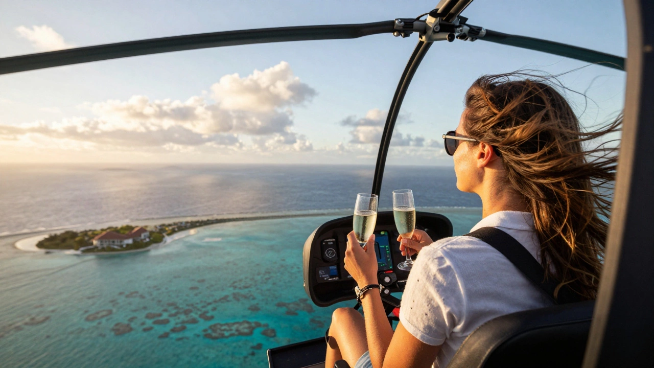 Couple in a helicopter over turquoise waters, enjoying champagne with luxury resort visible far below.