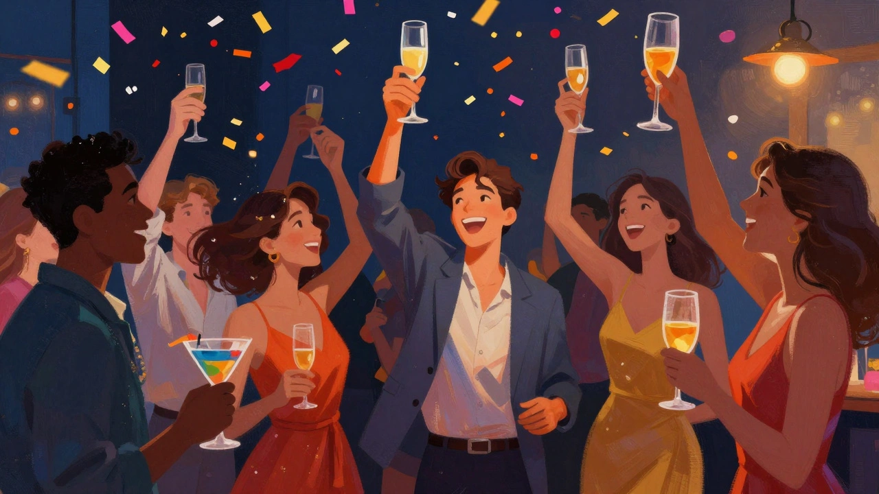 Crowd celebrating with champagne and balloons at evening party