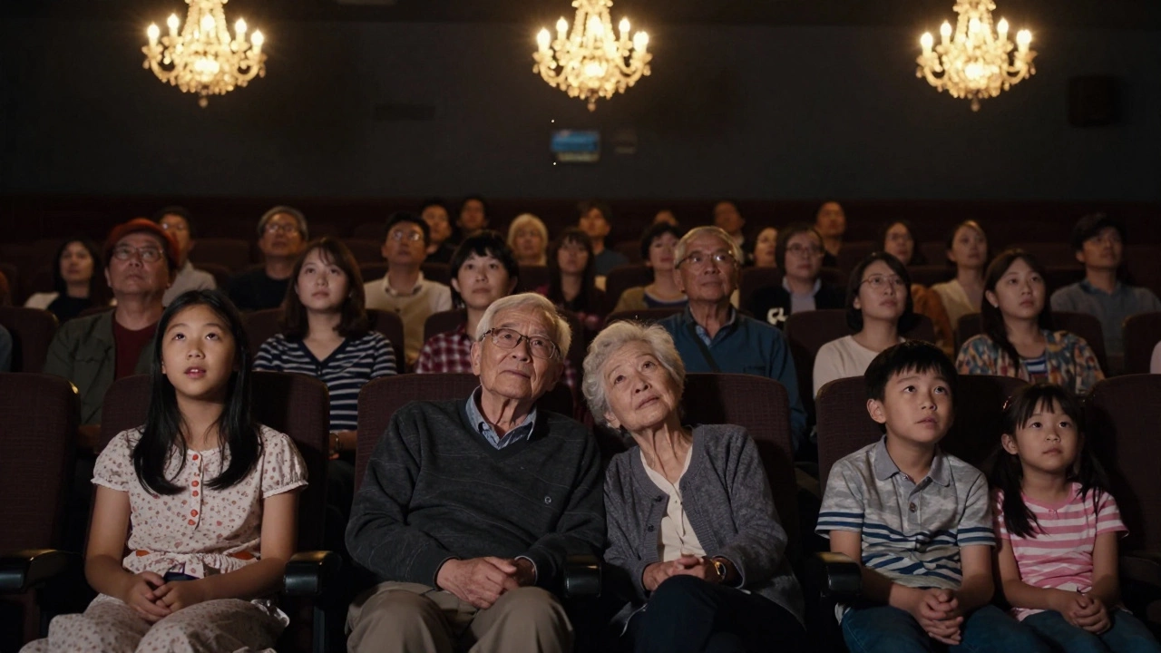 Diverse global audiences in darkened theatres, all captivated by the same falling chandelier, united by awe and emotion.