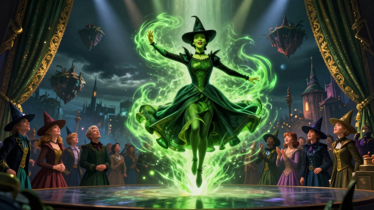 Elphaba defies gravity in a glowing green gown, surrounded by swirling energy and an awestruck crowd on Broadway.