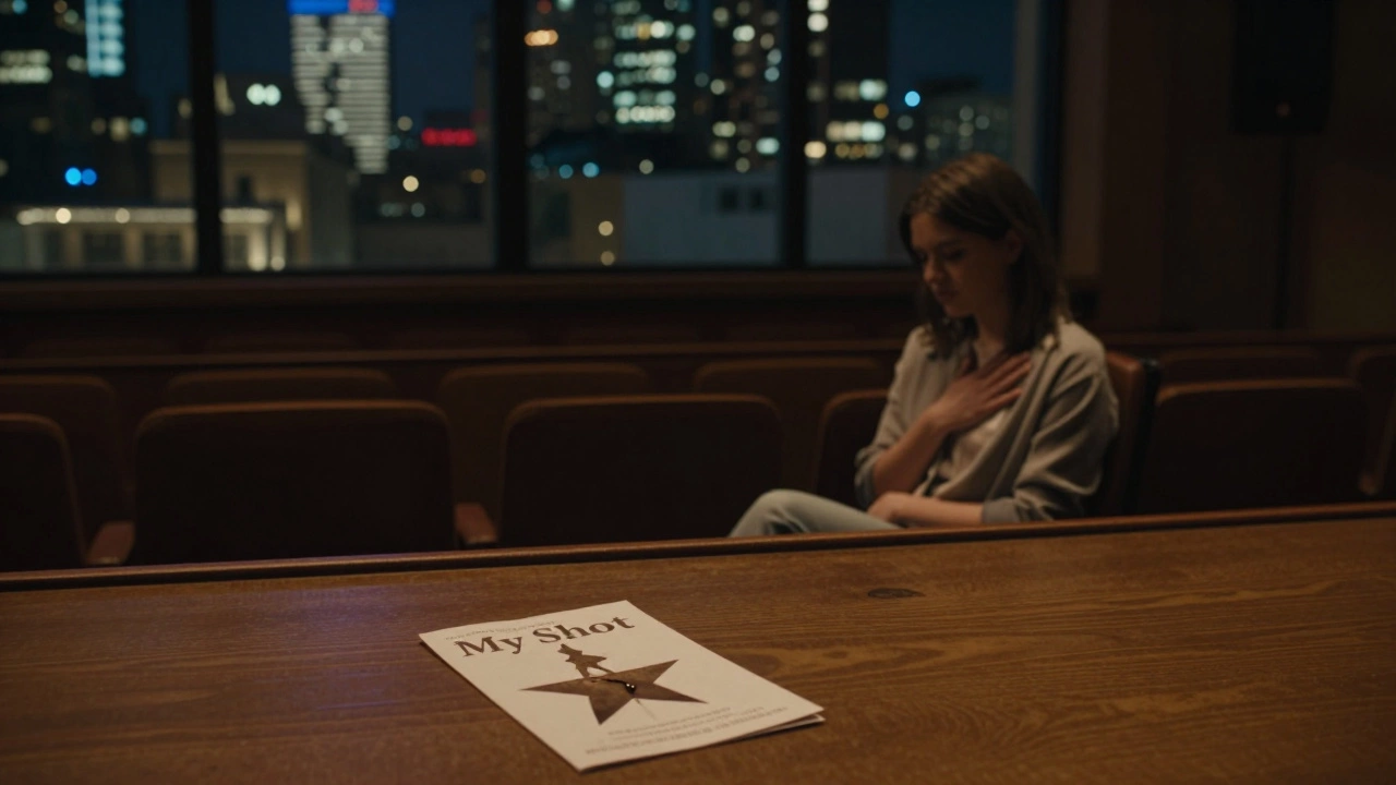Empty theatre after show, lone audience member in front row, dim stage light, discarded program with tear stain on floor.
