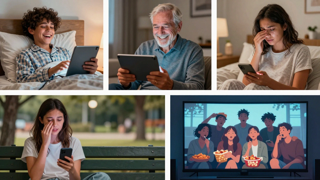 Four diverse people from different backgrounds emotionally engaged with Schitt’s Creek on various devices