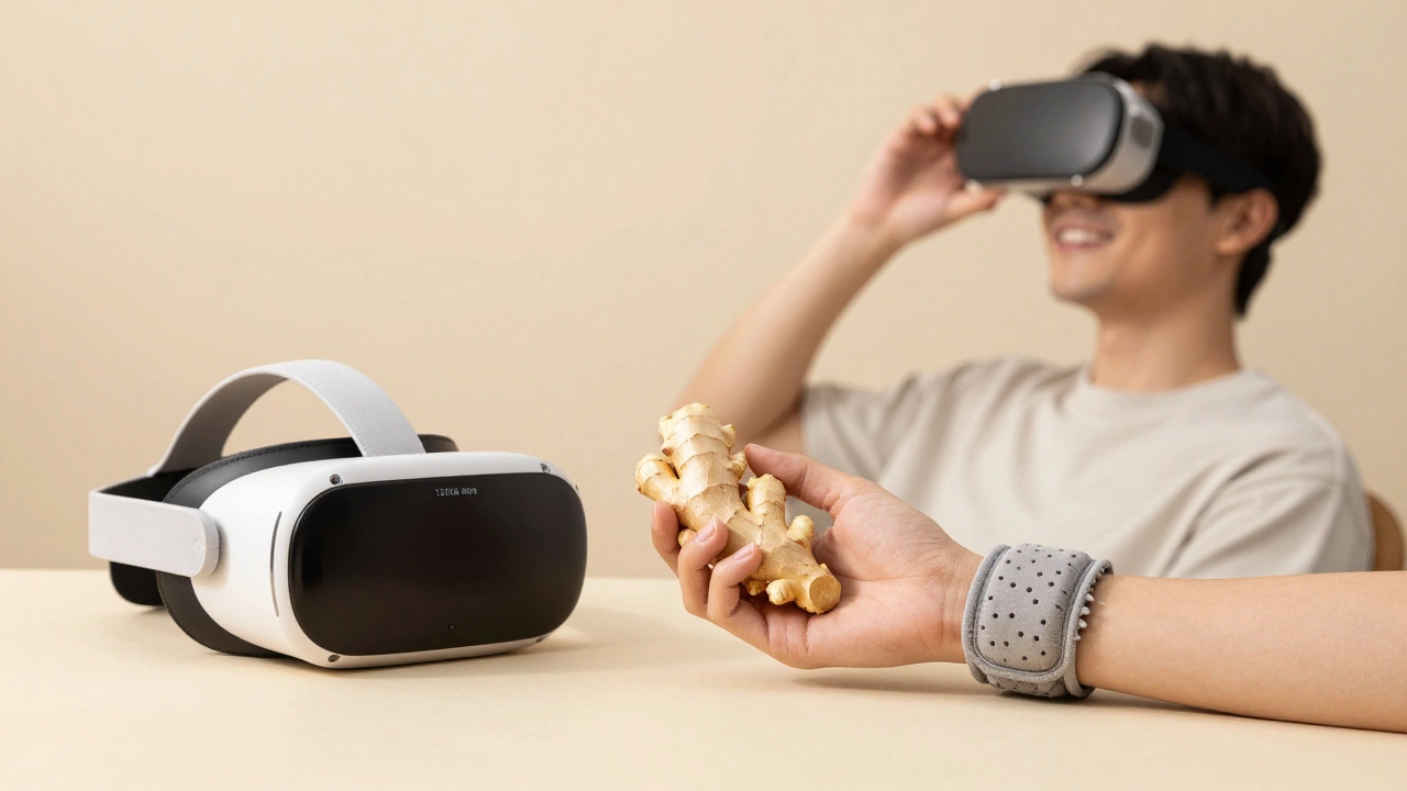 Ginger and an acupressure band beside a VR headset, symbolizing natural remedies for VR sickness.