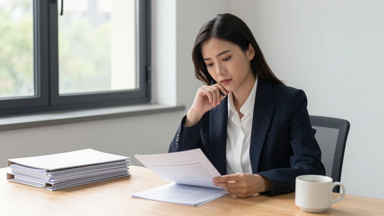 Professional woman reviewing documents with confidence at desk