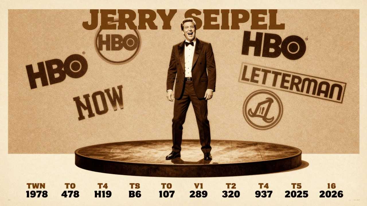 Retro poster of Jerry Seinfeld on a small stage with 1970s TV show logos floating in the background.