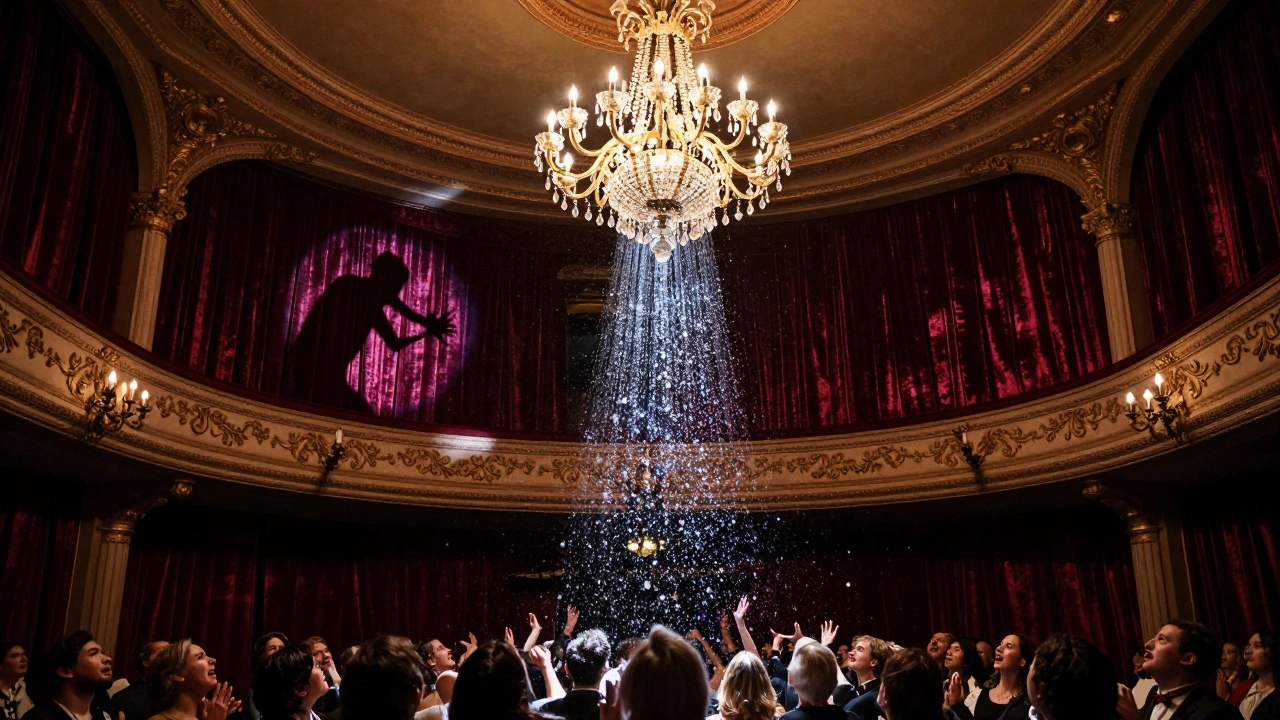 The Phantom's chandelier crashing down in a dark theatre, audience frozen in awe, shadow looming on the curtain.