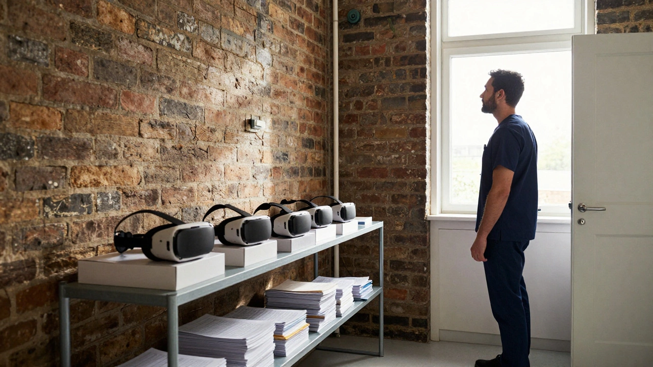 Unused VR headsets on a shelf in a basic therapy office room
