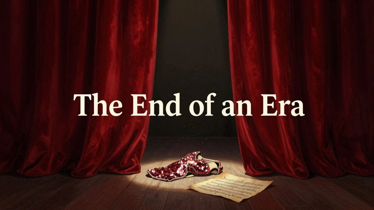 A closing red theater curtain with a single spotlight on a costume piece.