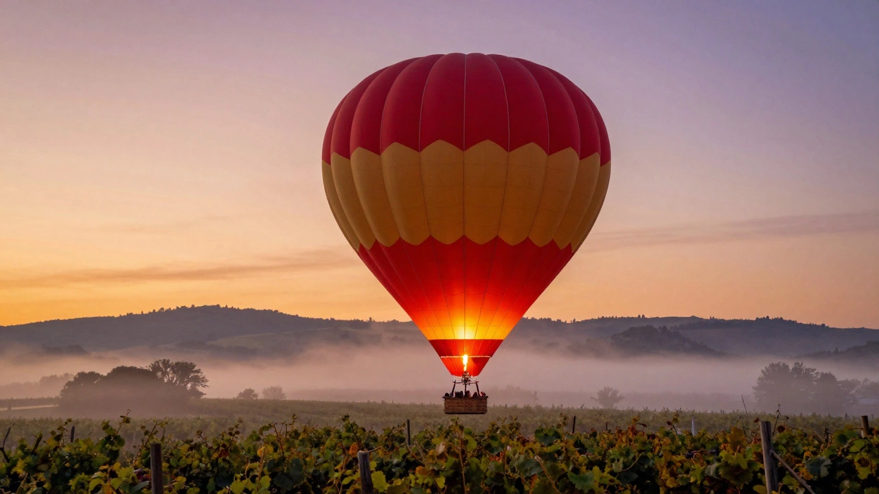 A colorful hot air balloon drifting over a misty vineyard during a golden sunrise