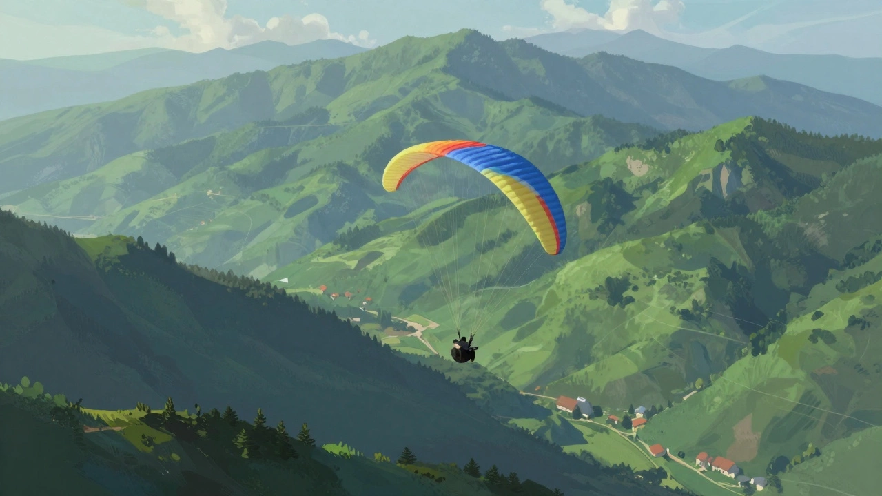 A paraglider soaring over a vast green mountain range under a clear sky