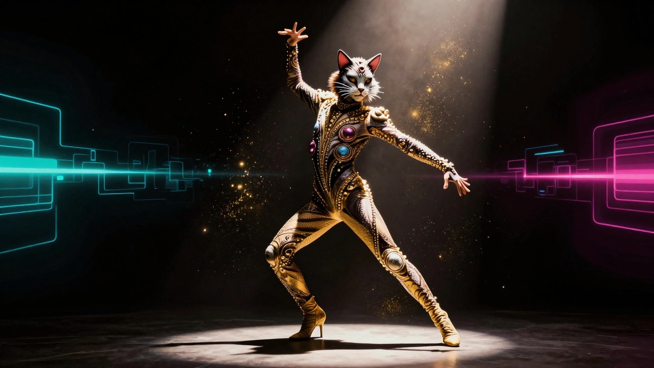 A performer in a cat costume in a dynamic pose with neon lighting.