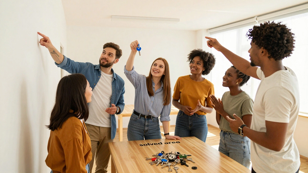 A team of friends calmly cooperating and sharing clues in a bright escape room.