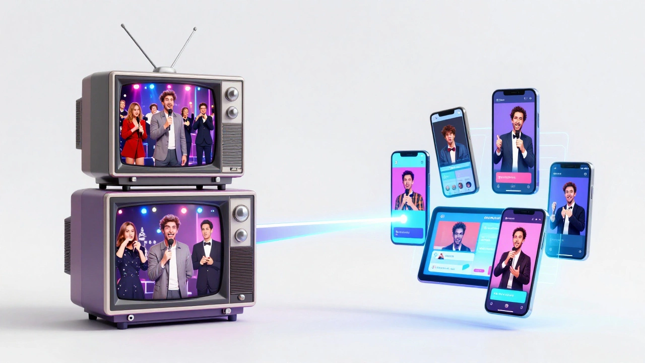 A transition from old television sets to modern holographic smartphone screens.