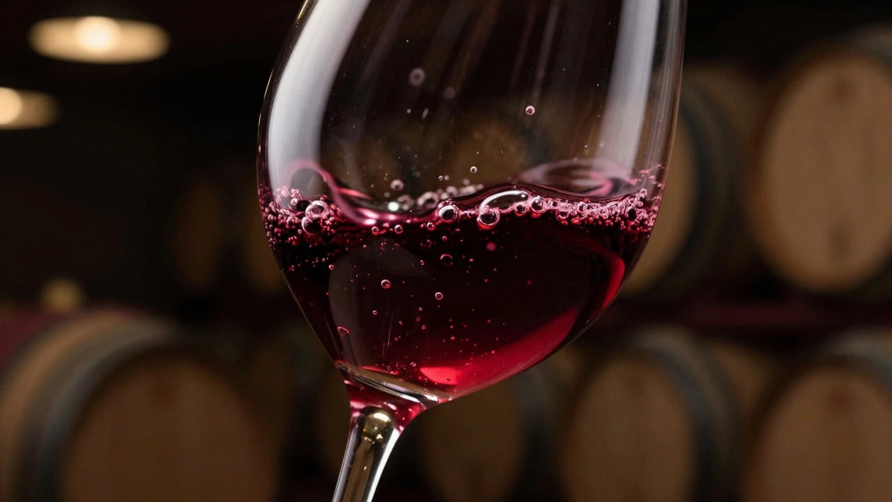 Action shot of red wine being swirled in a glass in a dark wine cellar.