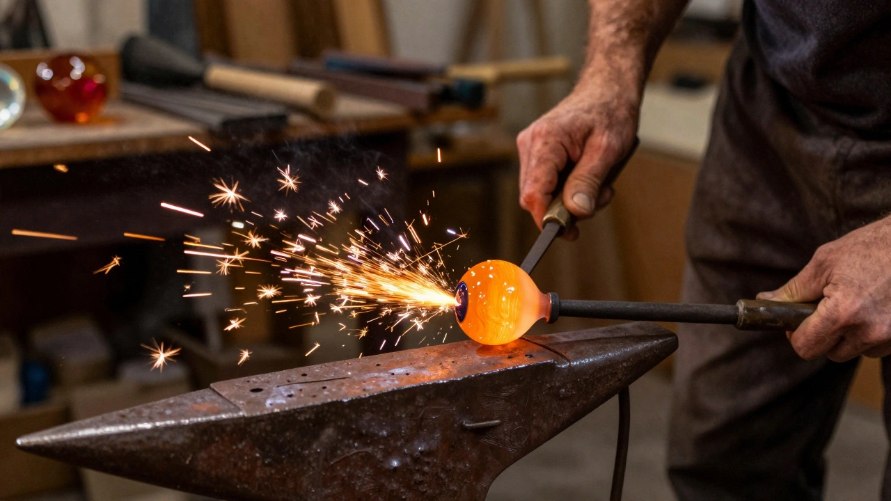 Artisan blowing glass in a rustic Appalachian craft workshop
