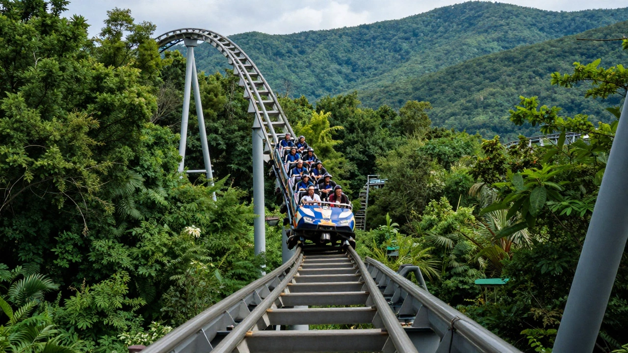 Big Bear Mountain roller coaster curving through a lush forest