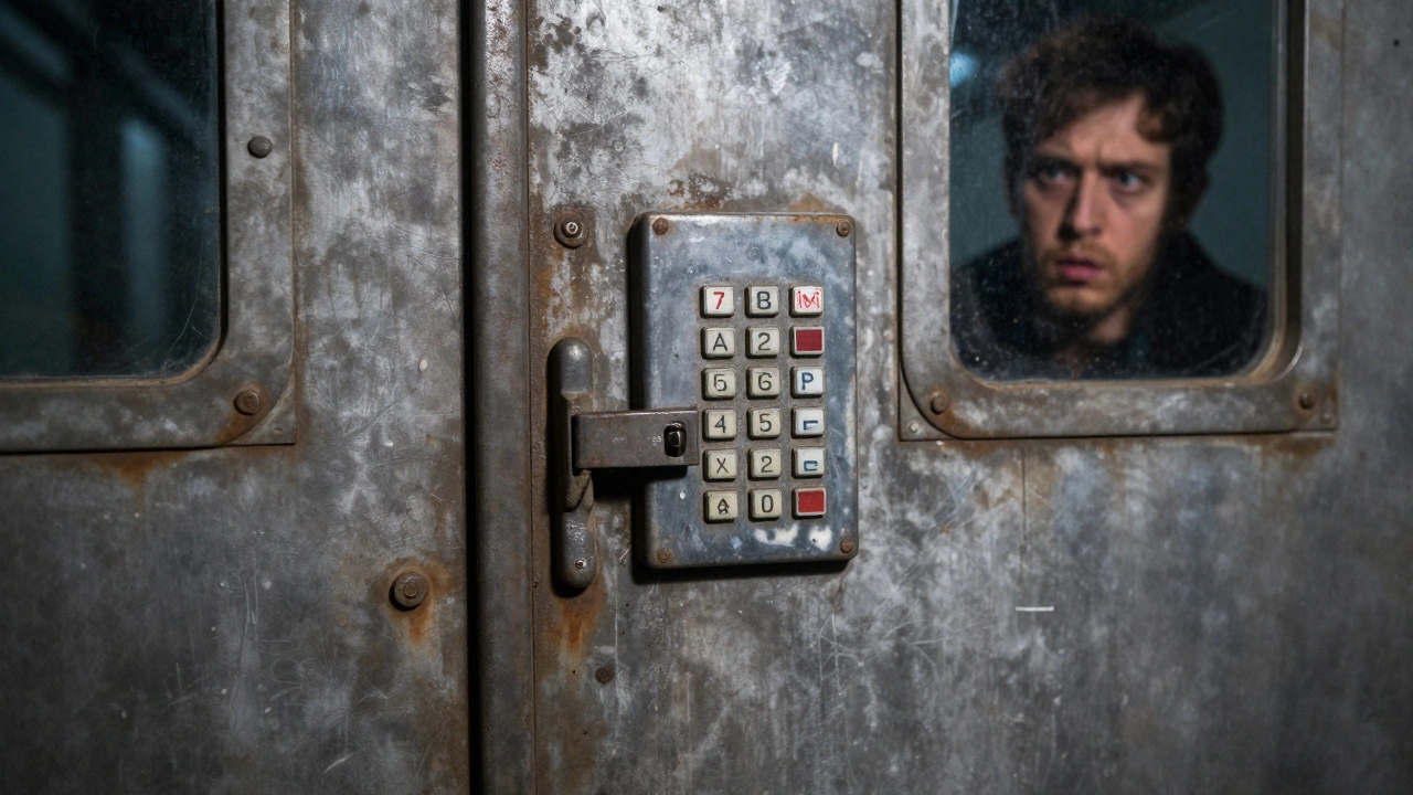 Close-up of a broken magnetic lock and a worn keypad on a metallic door in an escape room.