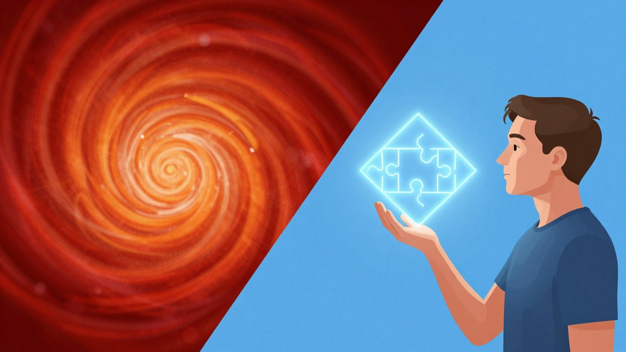 Conceptual art showing the transition from chaotic red stress to calm blue mental clarity.