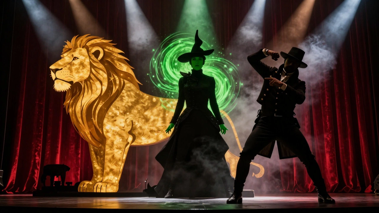Conceptual artistic blend of symbols representing The Lion King, Wicked, and Hamilton on a stage