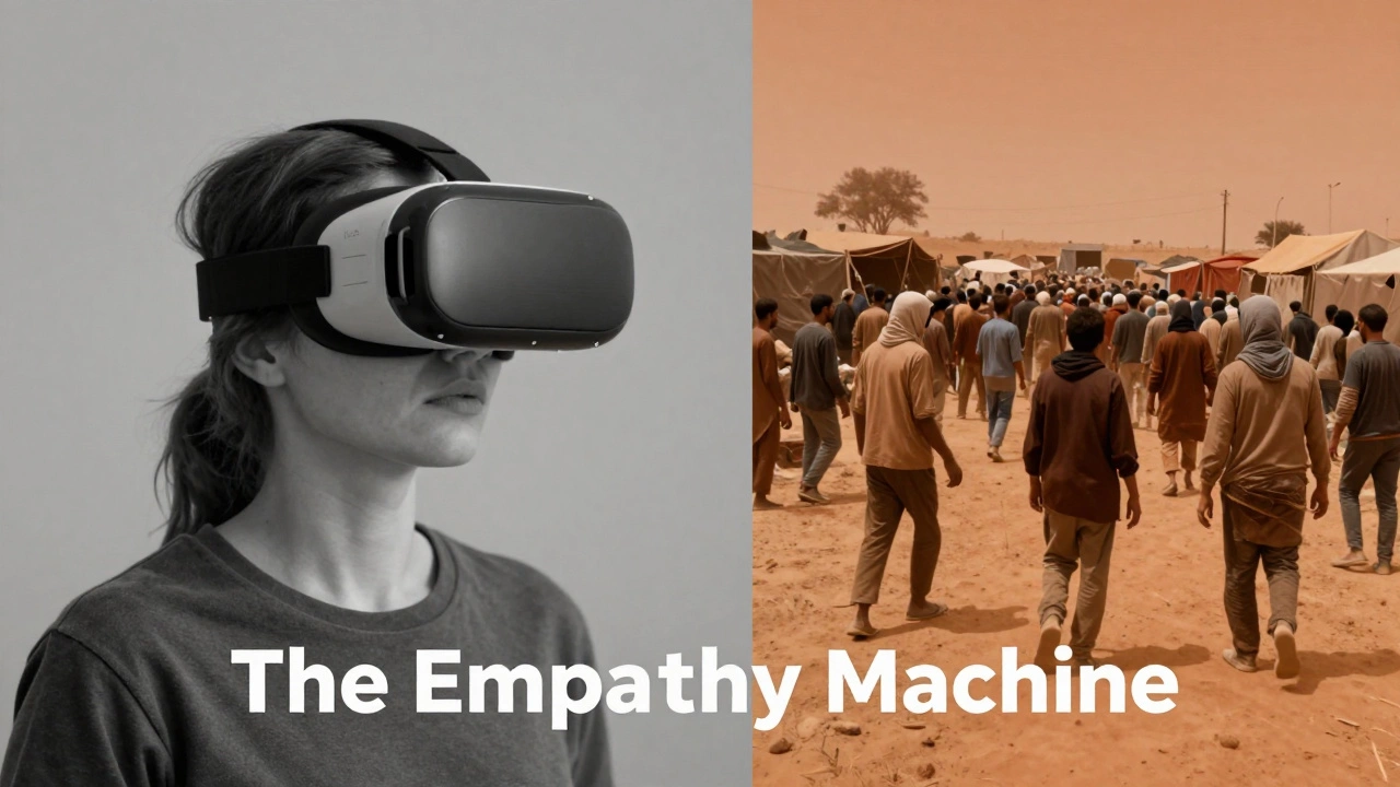 Conceptual image showing a VR user experiencing a refugee camp perspective.