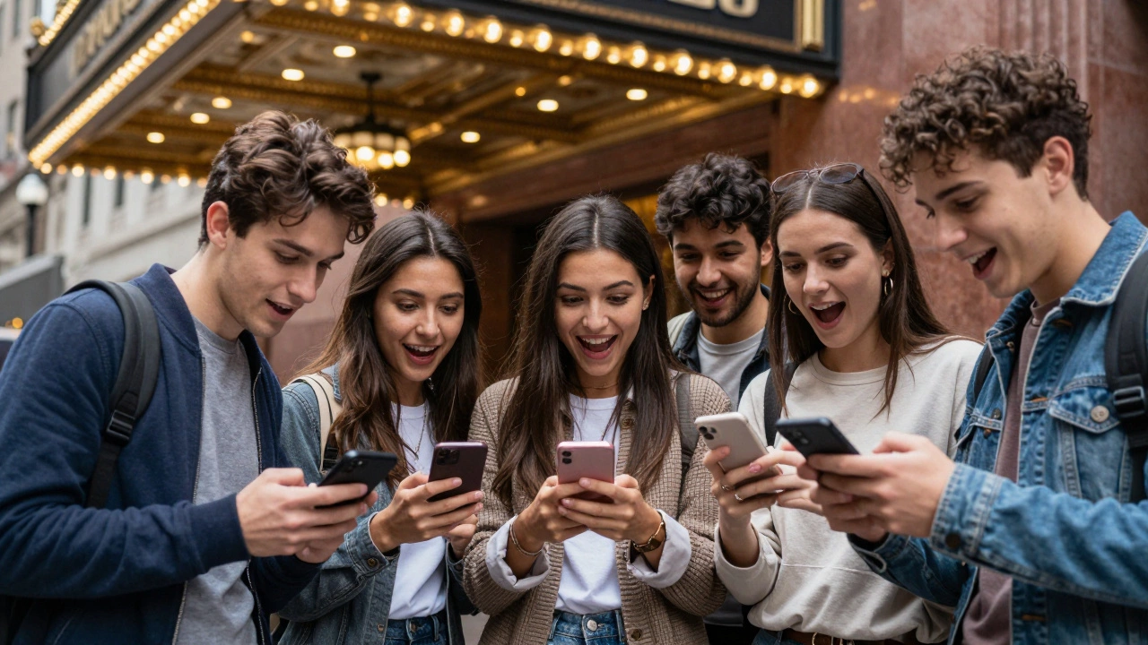 Excited young adults looking at phones in front of a classic Broadway theater entrance