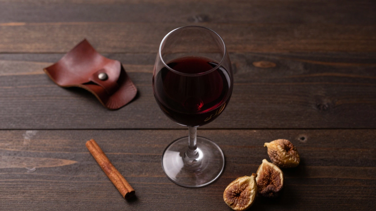 Red wine glass surrounded by leather and dried fruits on a wooden table.